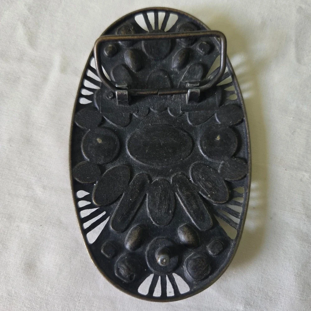 Vintage Boho Enamel Mosaic Oval Belt Buckle Bronze Tone Filigree Western